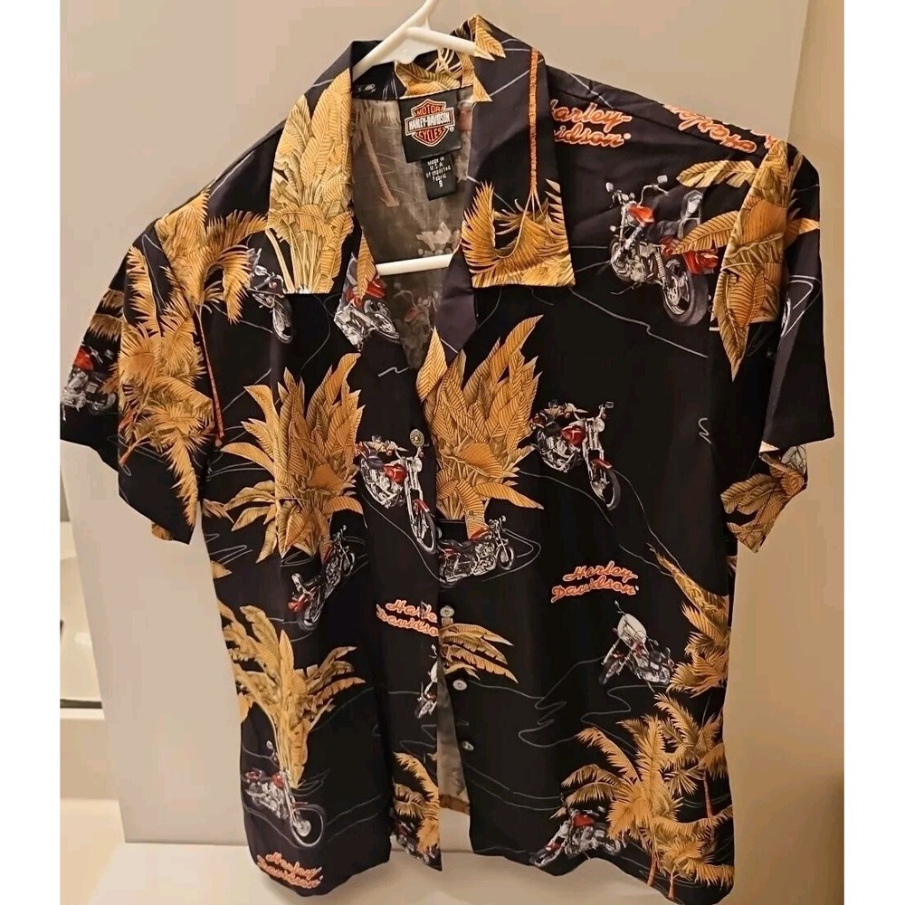 Harley Davidson Women's Black Short Sleeve Button Up Hawaiian Shirt - Size Small